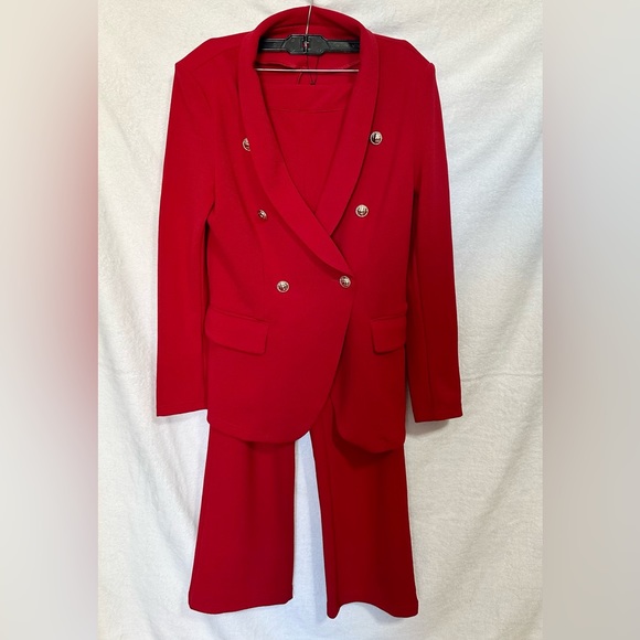 SHEIN Red Suit 👠 Shawl Collar Button Detail Blazer & Pants 6 Medium - Picture 3 of 6